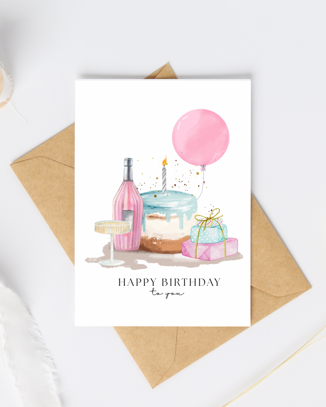 Pink Champagne Birthday Card