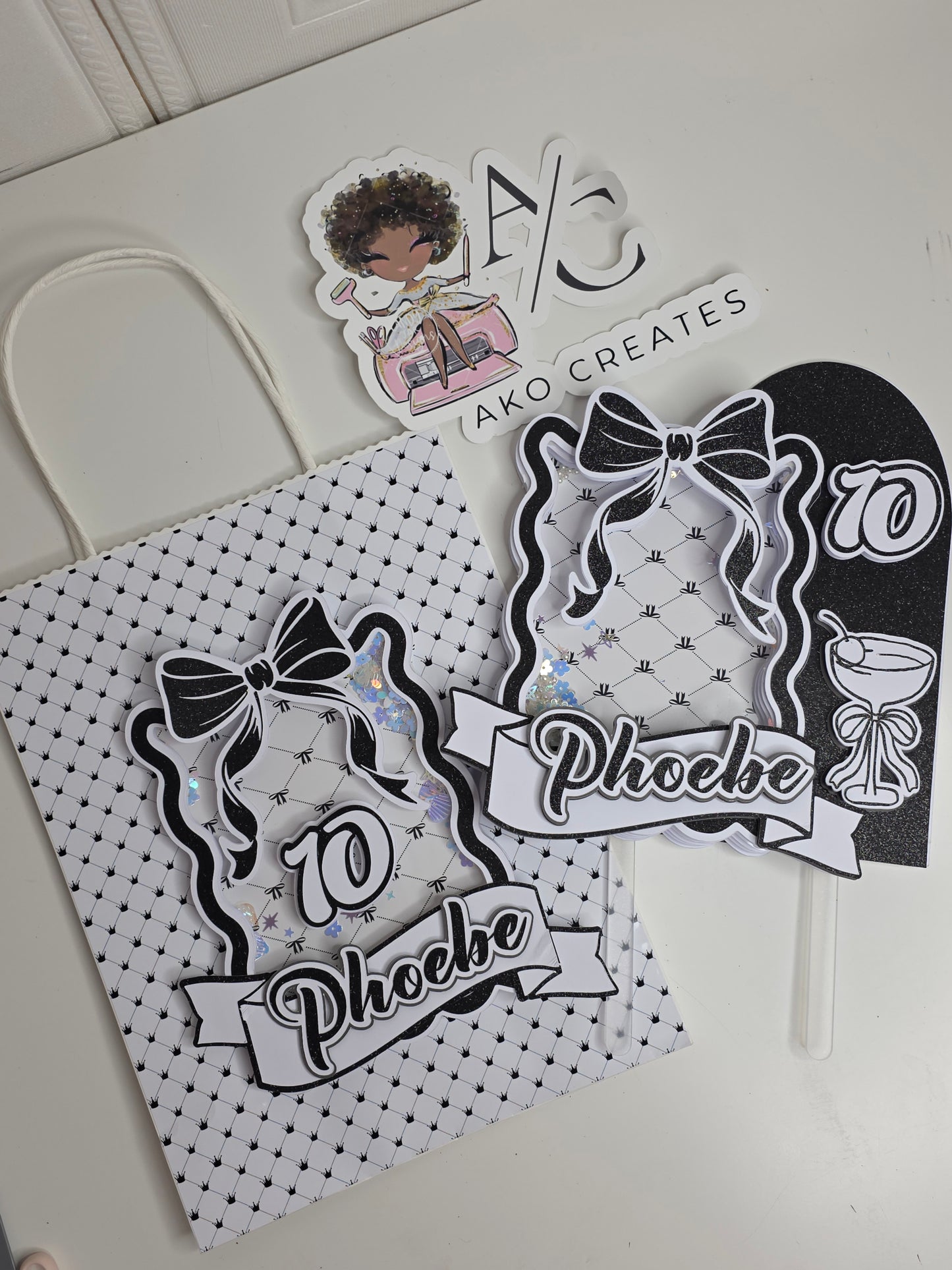 Coquette Monochrome 3D Shaker Cake Topper